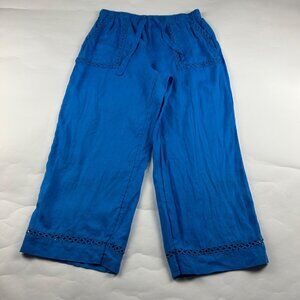 Joie Bright Blue Linen Eyelet Trim Cropped Pant L
